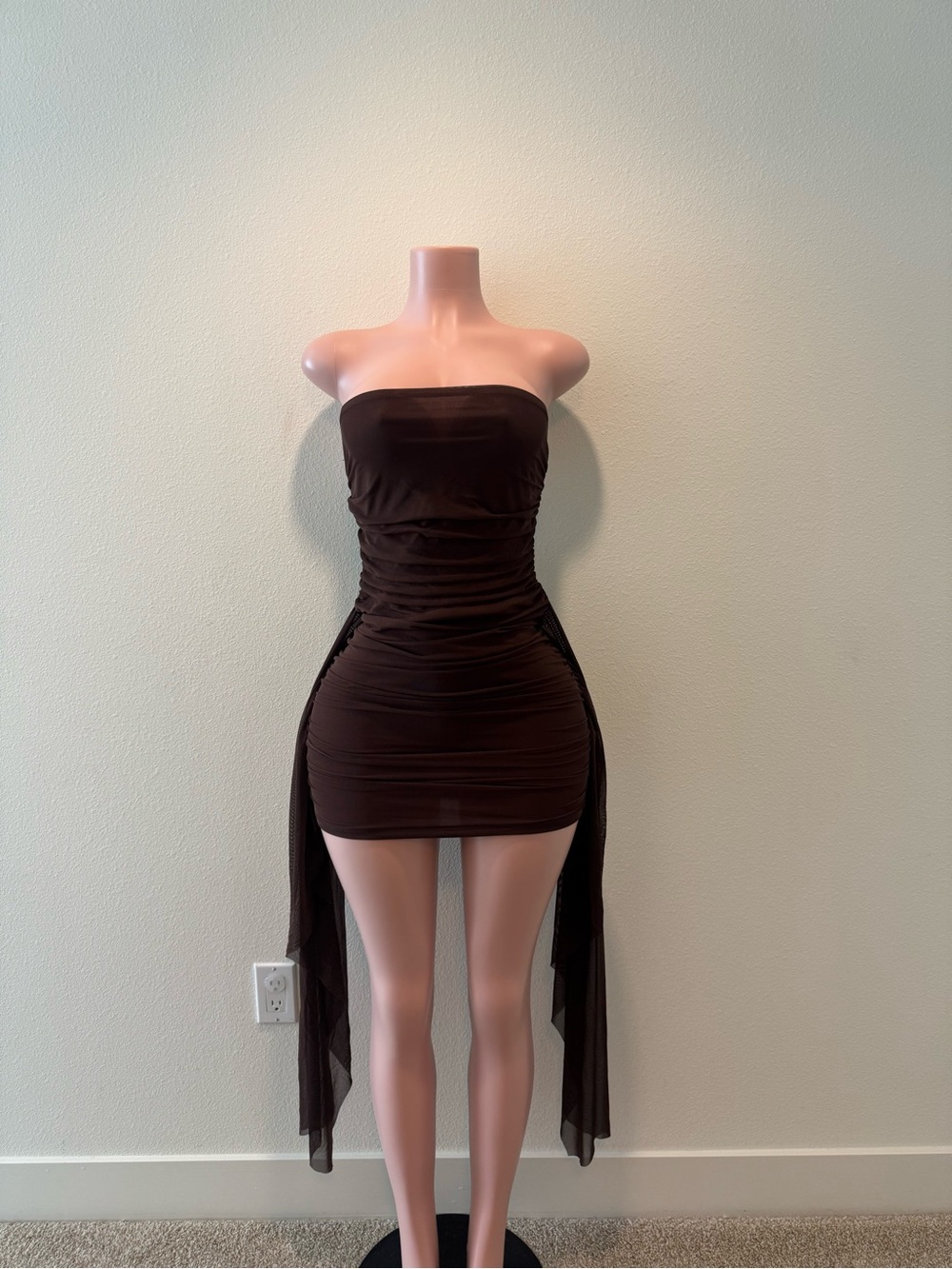 Fashion Nova Strapless Ruched Mini Dress in Brown